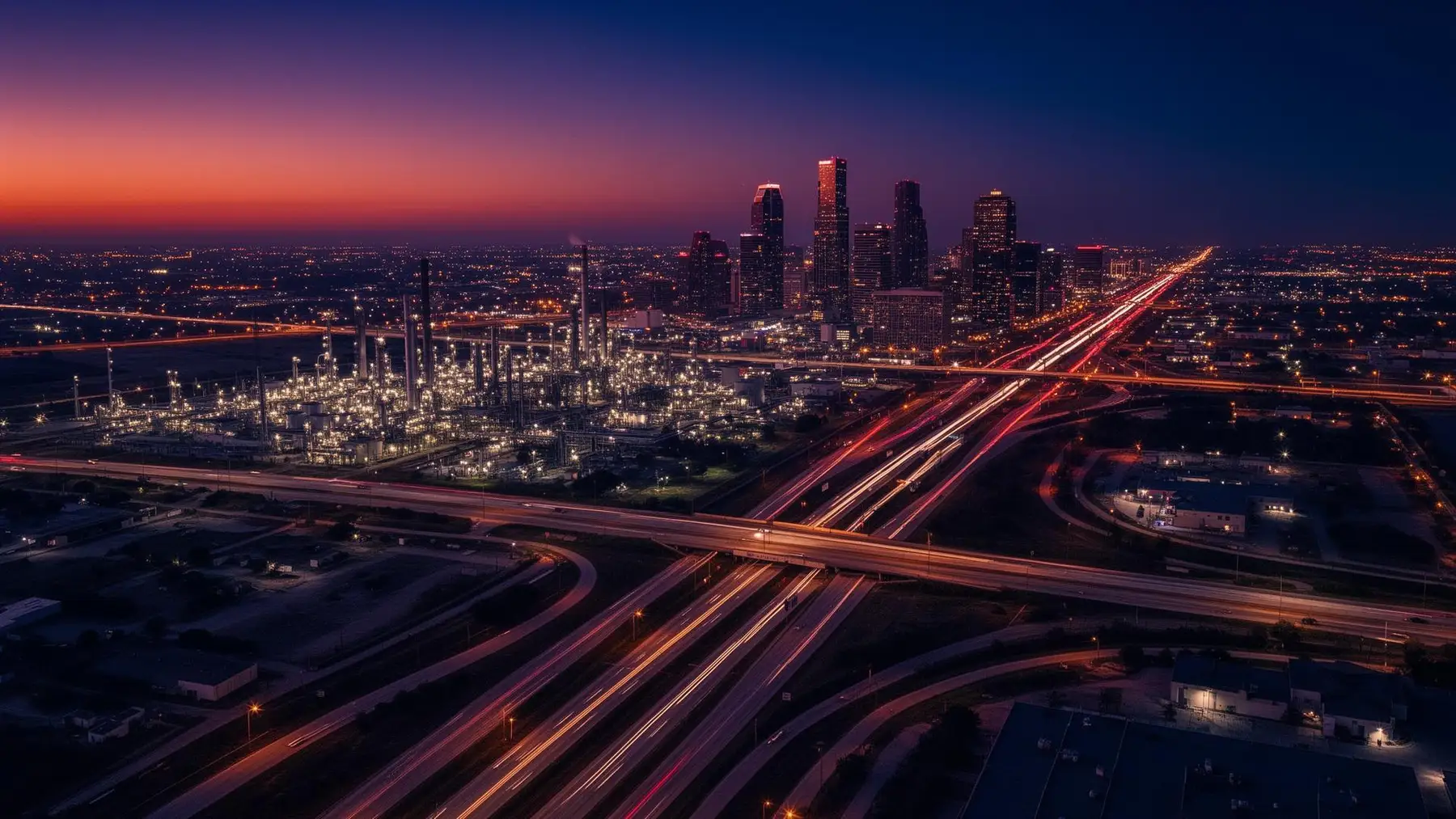 Houston Texas aerial dusk view of downtown and energy corridor